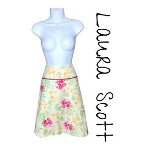 Laura Scott Floral Yellow Pink Hibiscus A Line Knee Length Skirt Womens Size 18
